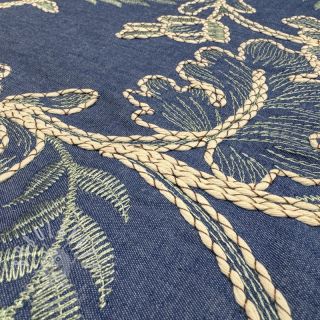 Bavlněná látka JEANS Embroidery leaves light blue