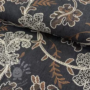 Bavlněná látka JEANS Embroidery leaves black