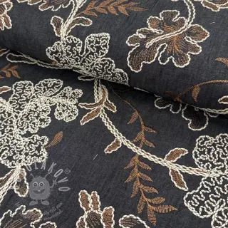 Bavlněná látka JEANS Embroidery leaves black