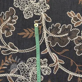 Bavlněná látka JEANS Embroidery leaves black