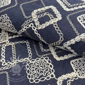 Bavlněná látka JEANS EMBROIDERY Square dark blue