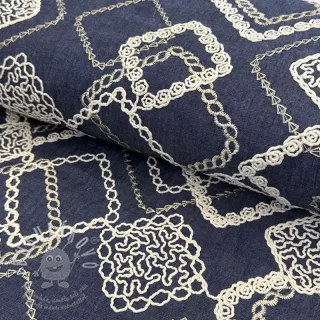 Bavlněná látka JEANS EMBROIDERY Square dark blue