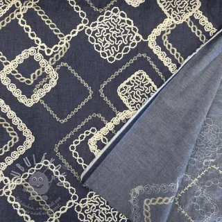 Bavlněná látka JEANS EMBROIDERY Square dark blue