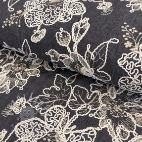 Bavlnená látka JEANS EMBROIDERY Bouquet black