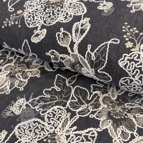 Bavlněná látka JEANS EMBROIDERY Bouquet black