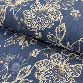 Bavlněná látka JEANS EMBROIDERY Bouquet blue