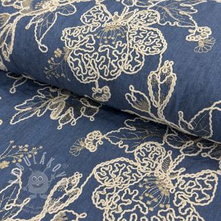 Bavlněná látka JEANS EMBROIDERY Bouquet blue
