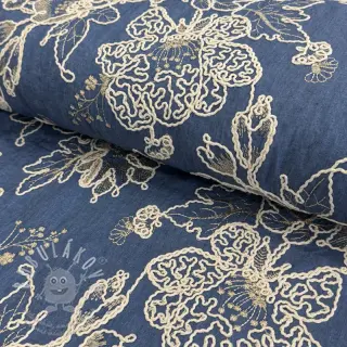 Bavlněná látka JEANS EMBROIDERY Bouquet blue