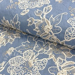 Bavlněná látka JEANS EMBROIDERY Bouquet light blue