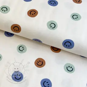 Bavlněná látka FLANNEL Happy faces off white green