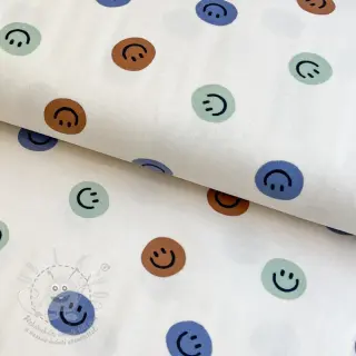 Bavlněná látka FLANNEL Happy faces off white green