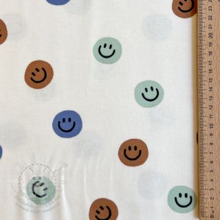 Bavlněná látka FLANNEL Happy faces off white green