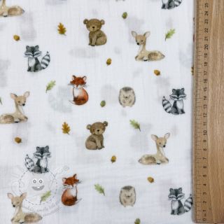 Dvojitá gázovina/mušelín Forest animals white digital print
