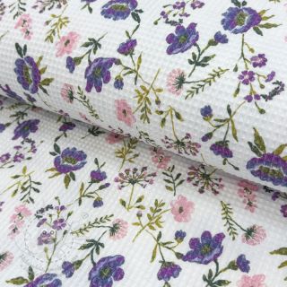 Bavlna s vaflovou vazbou Flowers white digital print