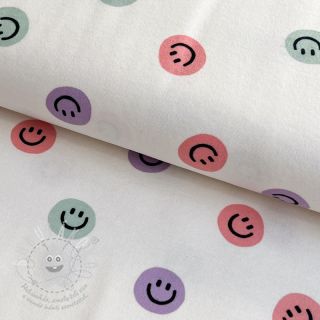 Bavlněná látka FLANNEL Happy faces off white lilac