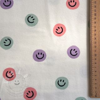Bavlněná látka FLANNEL Happy faces off white lilac