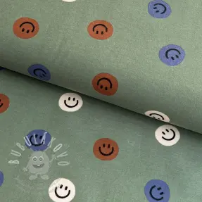 Bavlněná látka FLANNEL Happy faces army green