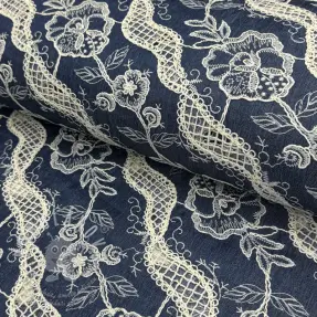 Bavlněná látka JEANS EMBROIDERY Flora design A